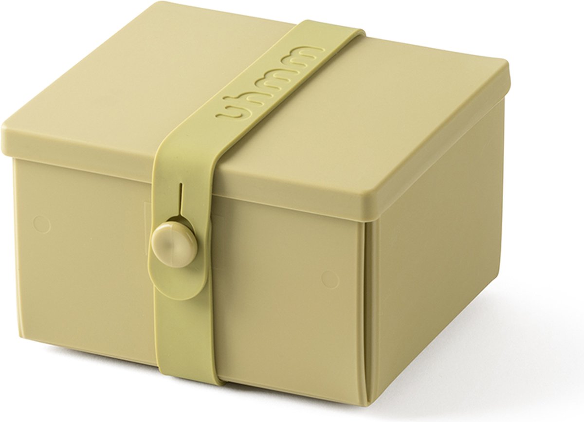 Uhmm Box 02 - Olive Box & Strap - Lunch to Go - vierkant/square - plat uitvouwbaar/foldable flat - voedselveilig/food safe – geschikt voor vaatwasser, vriezer, magnetron/dishwasher, freezer, microwave safe - 100% recyclable – Deens/Danish Design