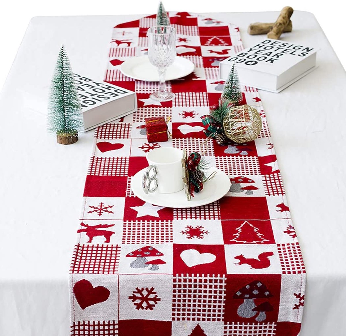 Kerst tafelloper, rood kerst tafelkleed afwasbaar eettafel loper decoratieve kerst tafeldecoratie (35x170cm)