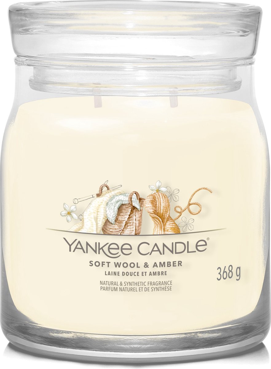 Yankee Candle Soft Wool & Amber Medium Geurkaars - 50 branduren - 2 lonten Geel
