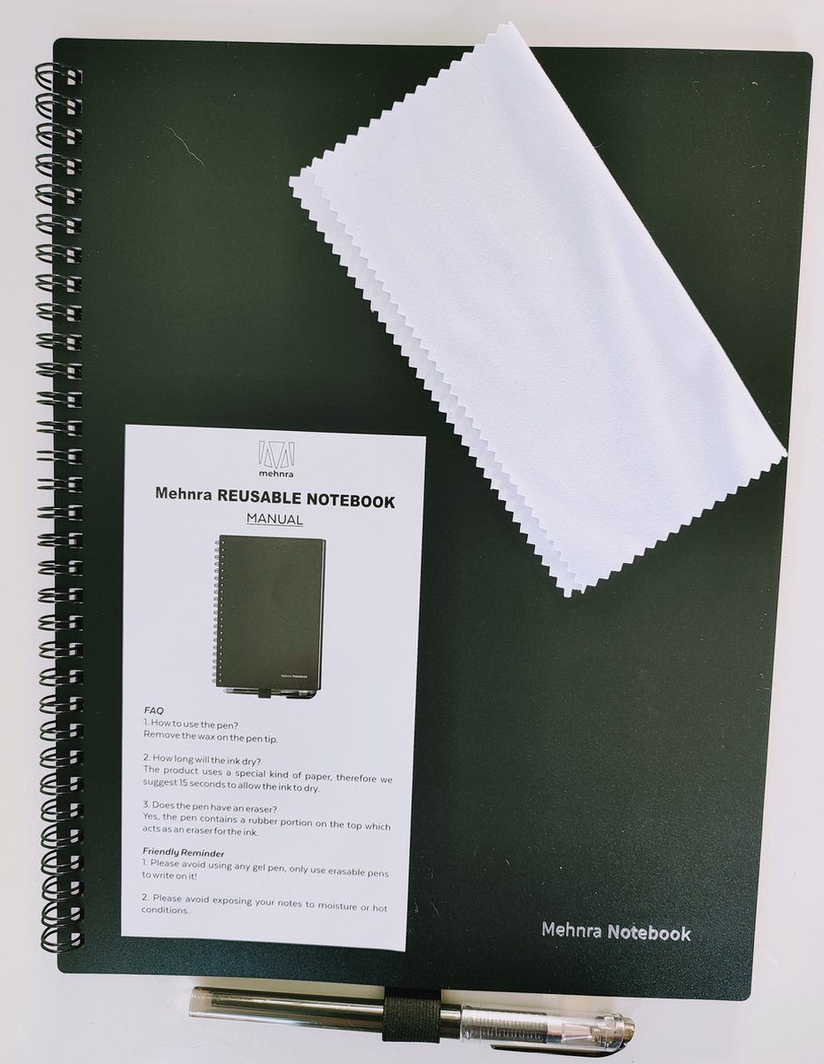 Mehnra duurzaam, uitwisbaar/herbruikbaar Smart notitieboek, planner, agenda, A4, hardcover, met gratis stift