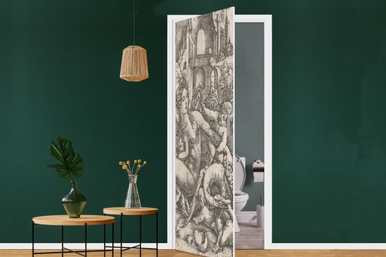 Deursticker Leda en de zwaan met haar vier kinderen - Schilderij van