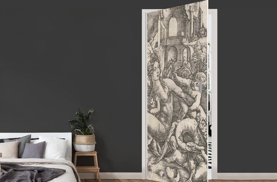 Deursticker Leda en de zwaan met haar vier kinderen - Schilderij van