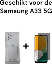 samsung a33 5G siliconen transparant hoesje antischok met pashouder + 2x privacy screen protector 3D samsung galaxy a33 5G antishock backcover doorzichtig achterkant with card holder + 2x privacy tempered glas 3D