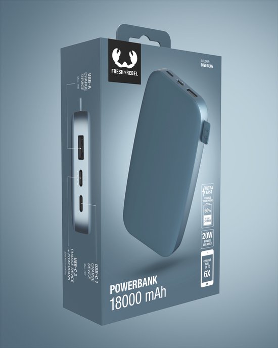 Doos van de lichtblauwe Fresh 'n Rebel powerbank 18000 mAh. Toont "ULTRA FAST CHARGING" en "20W POWER DELIVERY".