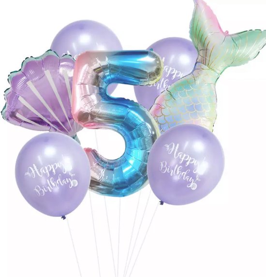 Ballonnen Pakket- 5 jaar- Zeemeermin- Mermaid- Themafeest- Kinderfeestje- Verjaardag- 7-delig