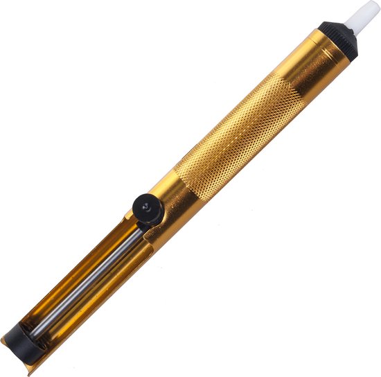 Gouden soldeerzuiger met een gedetailleerd geribbeld handvat en zwarte en witte accenten.