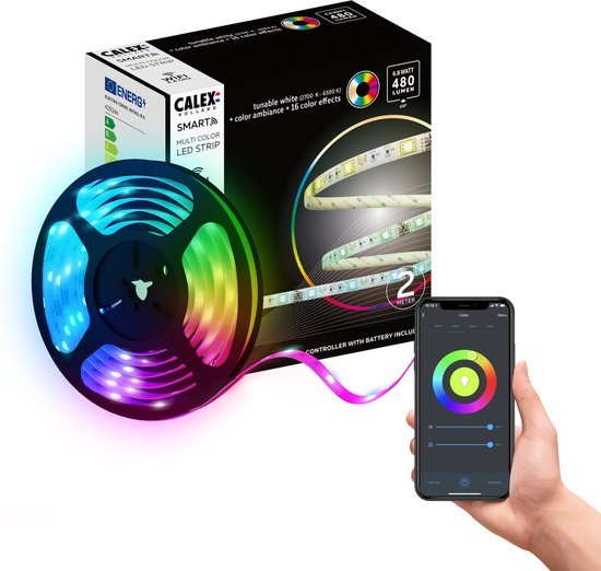 Calex Bande LED 2 mètres - Pour Intérieur - Avec App -Lumière  RVB et blanche chaude - Bande Wifi Smart Light avec télécommande