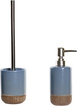 Items - Toiletborstel in houder 36 cm en zeeppompje 300 ml polystone korenblauw/jute