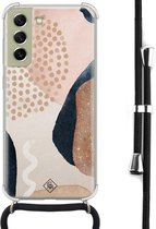 Samsung Galaxy S21 FE avec cordon - Pois abstraits - Marron/beige - Motif géométrique - Cordon noir détachable - Bandoulière - Antichoc - Casimoda