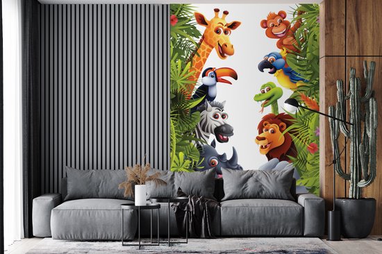 Behang babykamer - Fotobehang Jungle - Dieren - Jongens - Meisjes - Giraf - Olifant - Kids - Breedte 160 cm x hoogte 240 cm