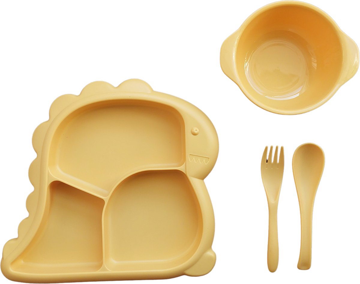 Kinderservies - Baby servies - 4-delig set - bord - kom - vork - lepel - Dino geel