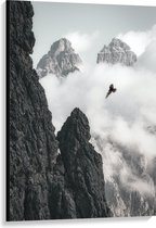 WallClassics - Canvas  - Vogel Vliegend tussen Bergen (zwart/wit) - 80x120 cm Foto op Canvas Schilderij (Wanddecoratie op Canvas)