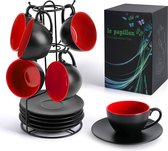 MIAMIO – 6 x 175 ml cappuccino kopjes/cappuccinokopjes set buiten zwart binnen gekleurd - Le Papillon collectie (rood)