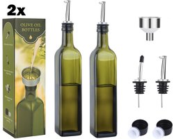 2x Oliefles met schenktuit - Olijfolie/Azijn – 2 x 500ml - BBQ Accesoires - Glas - Navulbaar - Inclusief Trechter en doppen