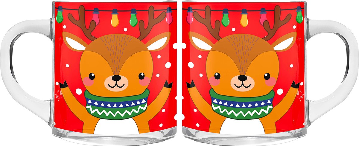 Kerst mokken/bekers - 2 stuks - glas - 300 ml - rendier - 11 cm