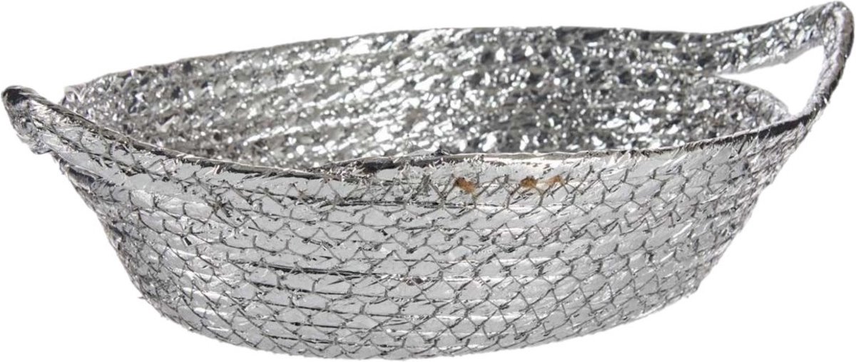 Krist+ mandje - metallic zilver - 26 x 22 x 8 cm - zeegras - opbergmandje/broodmandje