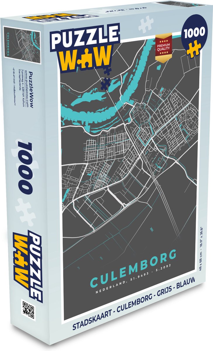 Puzzel Stadskaart - Culemborg - Grijs - Blauw - Legpuzzel - Puzzel 1000 stukjes volwassenen - Plattegrond
