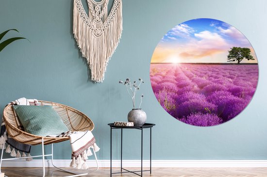 Papier peint cercle - Lavande - Fleurs - Arbre - Soleil - Paysage - Décoration murale cercle - Papier peint cercle fleurs - Papier peint autocollant - 120x120 cm - Papier peint autocollant - Papier peint rond - Papier peint cercle