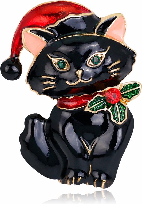 Broche chat noir avec bonnet de Noël, nœud rouge et houx avec pierre rouge.