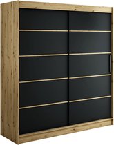 InspireMe - Kledingkast met 2 schuifdeuren, Modern-stijl, Een kledingkast met planken (BxHxD): 200x200x62 - JARED V1 200 Artisan Eik + Zwart Mat met 4 lades