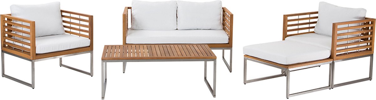 Loungeset met tafel en vier zitplaatsen in bruin acaciahout.