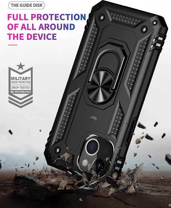 Apple iPhone 14 Case Zwart & 2X Verres Screen Protector - Anti-Shock Hybrid Armor avec Kickstand Ring