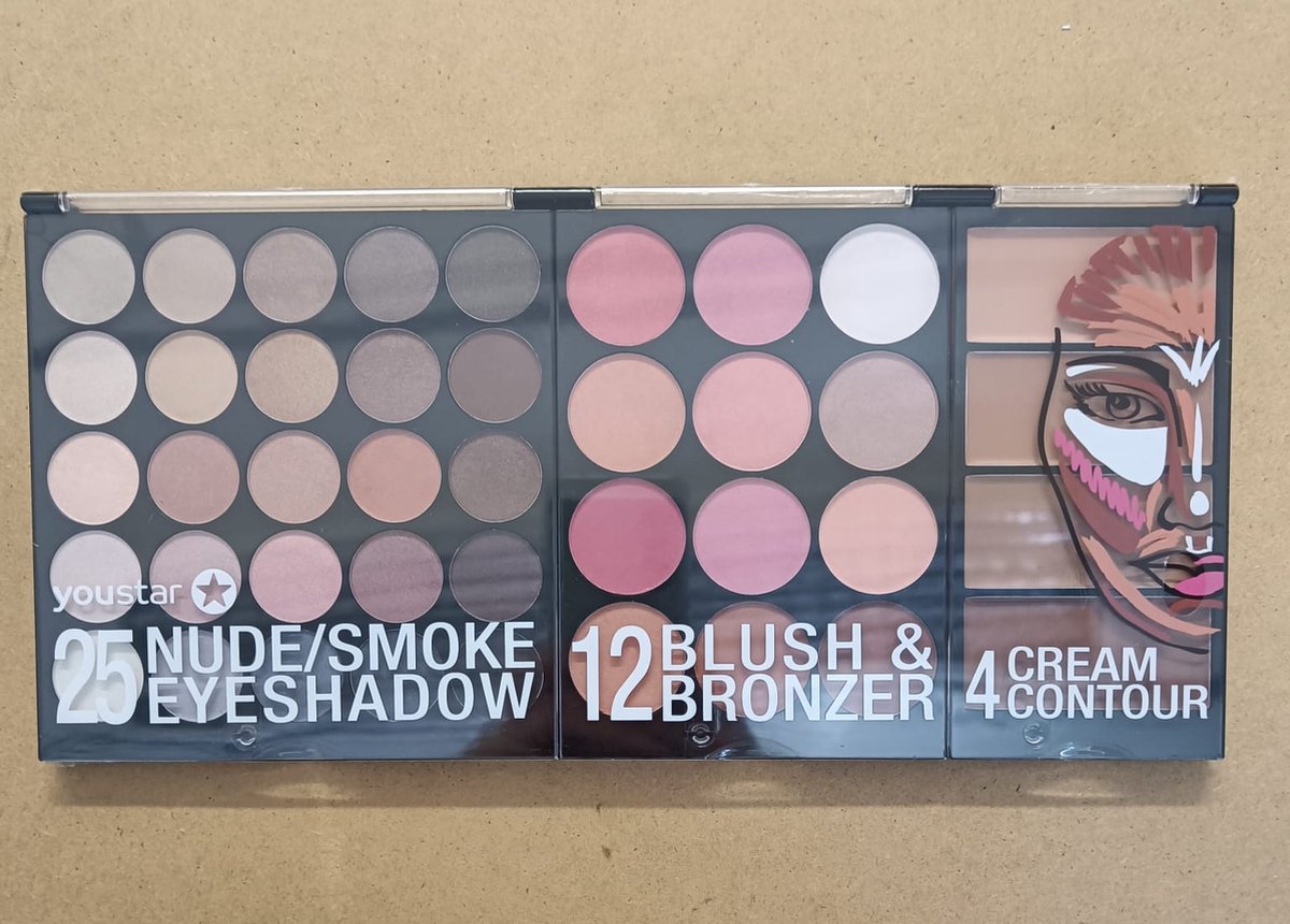 Youstar Make-up Set - 25 Nude/Smoke oogschaduw, 12 Blush & Bronzer, 4 Cream contour. Make-up Palette.