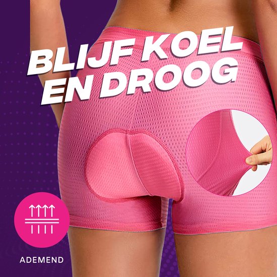 Arrière d'un cuissard de vélo rose, avec le texte 'Blijf koel en droog' et 'Ademend'.