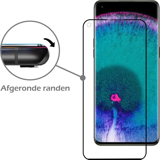 Een Nomfy screenprotector van gehard glas met zwarte randen, naast een telefoon. Een detail toont de afgeronde randen van de telefoon.