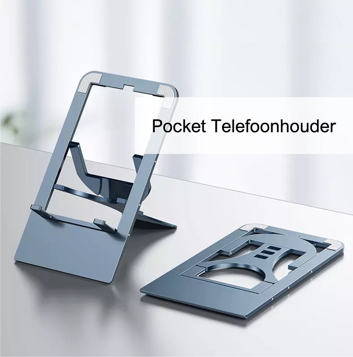RAYBRO Pocket Telefoon houder - Opvouwbaar - Inklapbare Standaard voor Telefoon en/of Tablet voor op Tafel of Bureau - Donker grijs aluminium - Stabiel - super kwaliteit - Best Getest