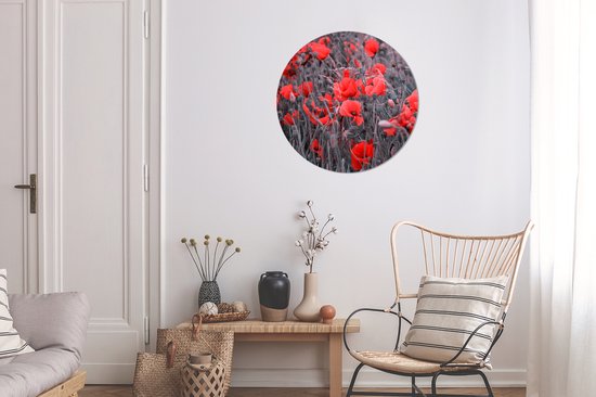 WallCircle - Wall Circle - Wall Circle Indoor - Coquelicots rouges dans une image en noir et blanc - 60x60 cm - Décoration murale - Peintures ronds