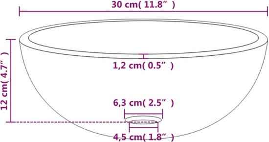 Vue schématique d'un lavabo ovale en verre avec ses dimensions.
