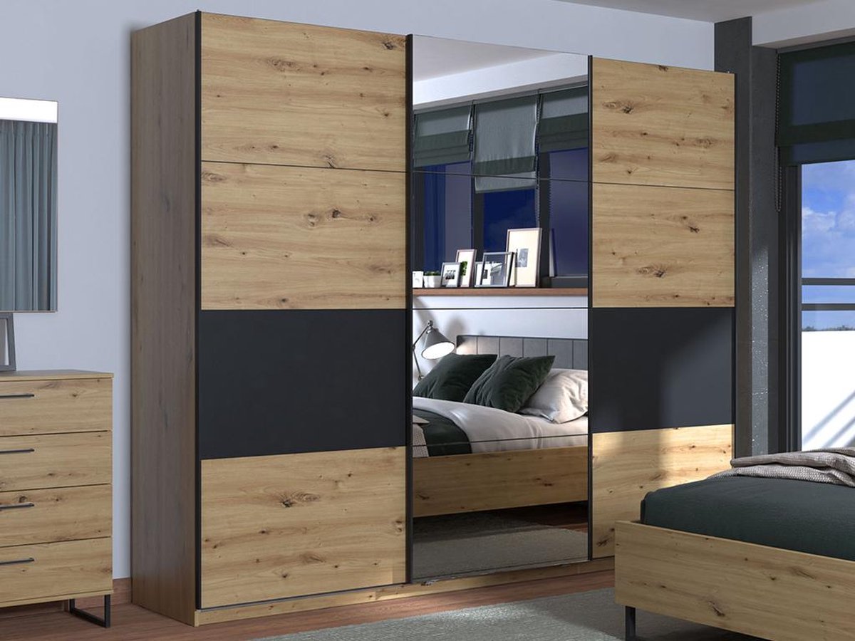 Armoire 3 portes coulissantes Avec miroir L.263 cm Naturel et