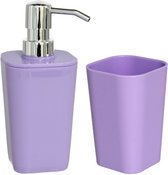 Distributeur/distributeur de savon Gerim - plastique - violet - porte-brosse à dents inclus
