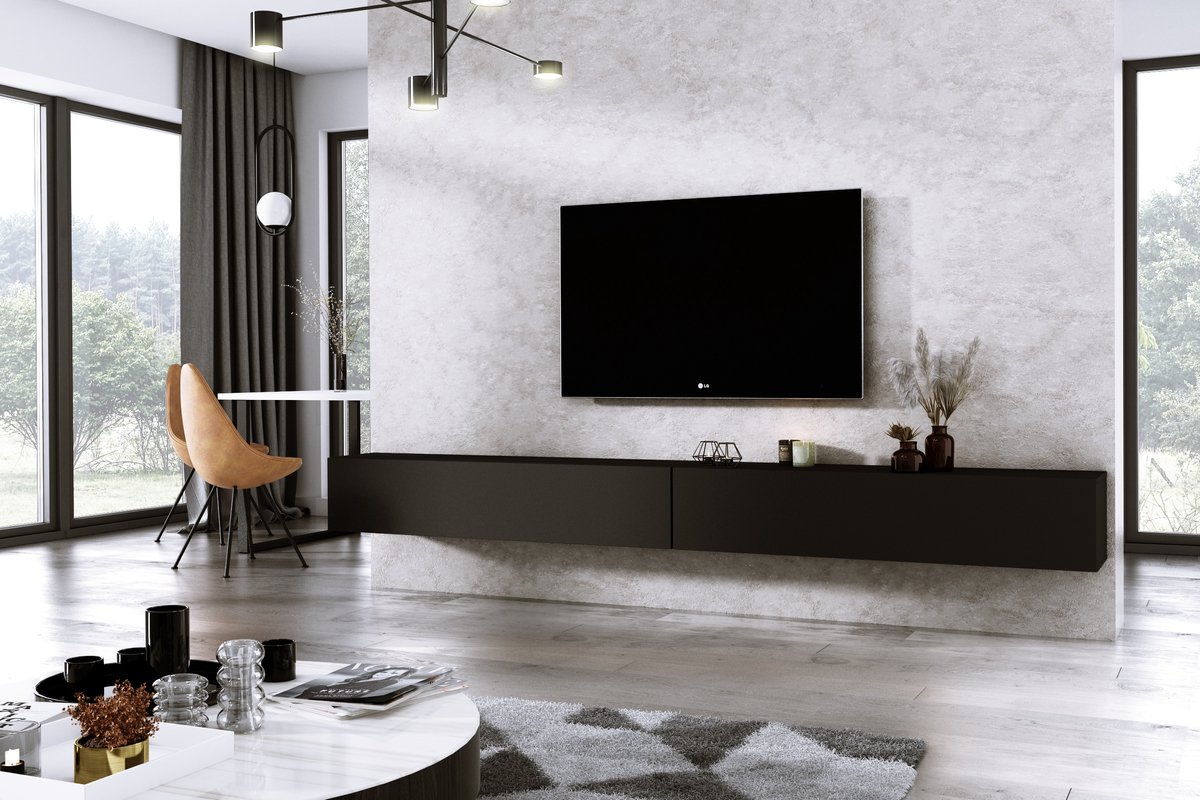 Meubel Square - TV meubel DIAMOND - Mat Zwart - 300cm (2x150cm) - Hangend TV Kast - Meubel Square