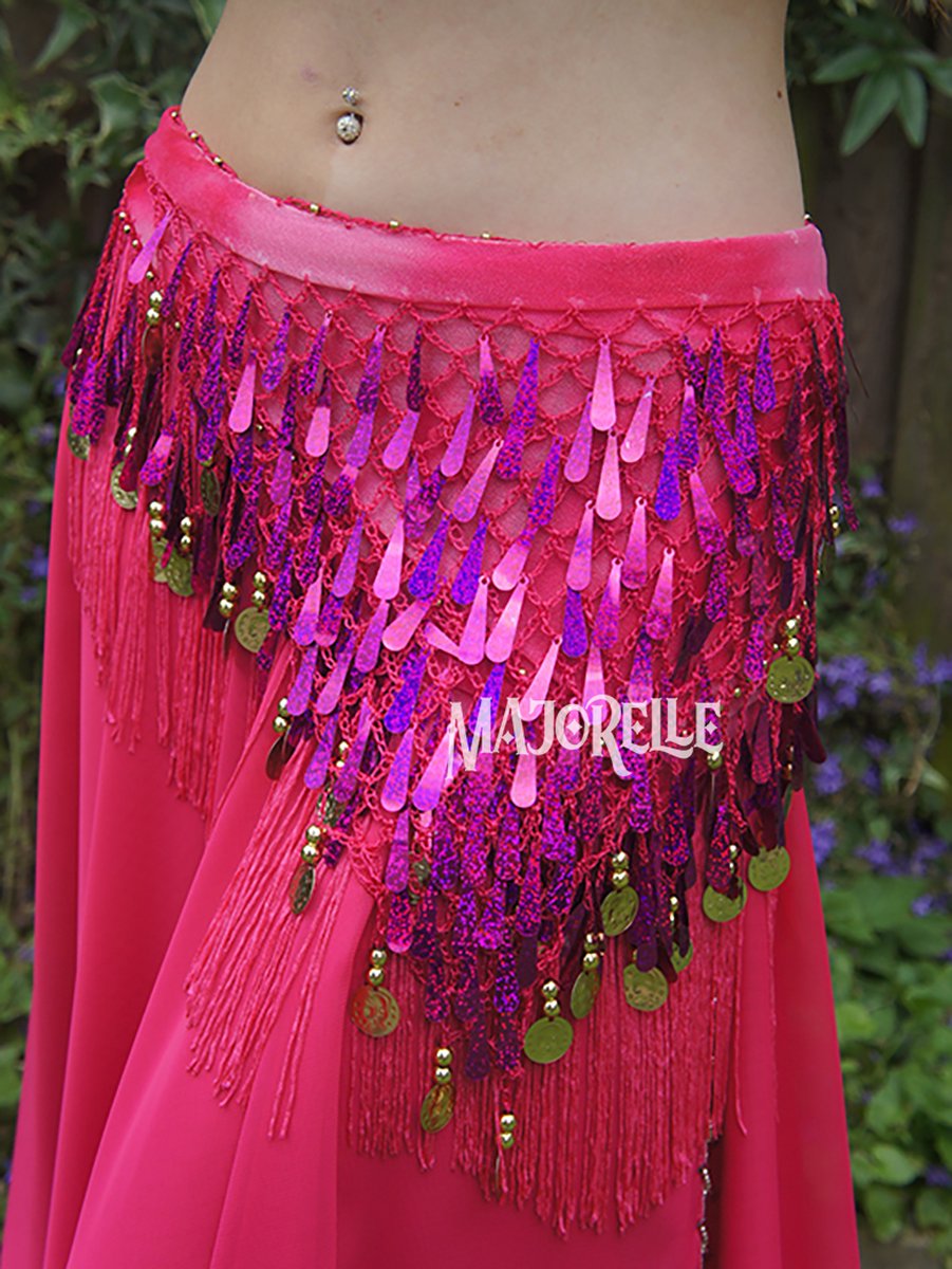 Buikdans heupsjaal fuchsia met druppelvormige pailletjes