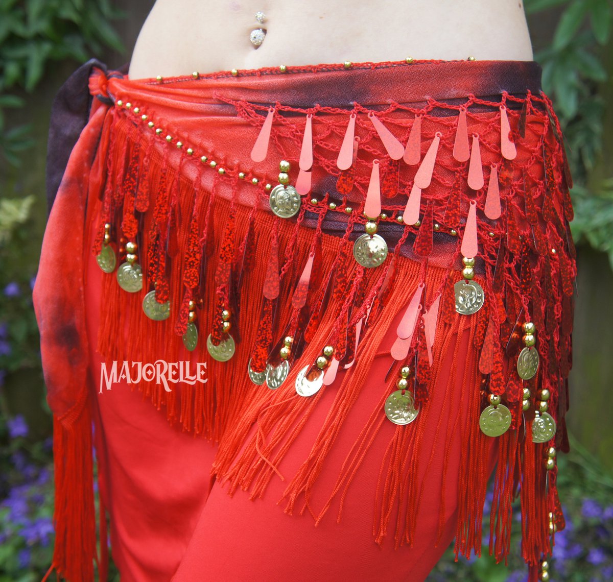 Buikdans heupsjaal rood - Met druppelvormige pailletjes - Maat S/M