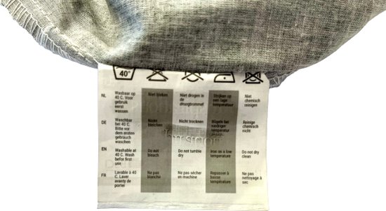 Wask symbolen voor textiel: 40 graden wassen, niet bleken, niet drogen in trommel, niet strijken, niet chemisch reinigen.