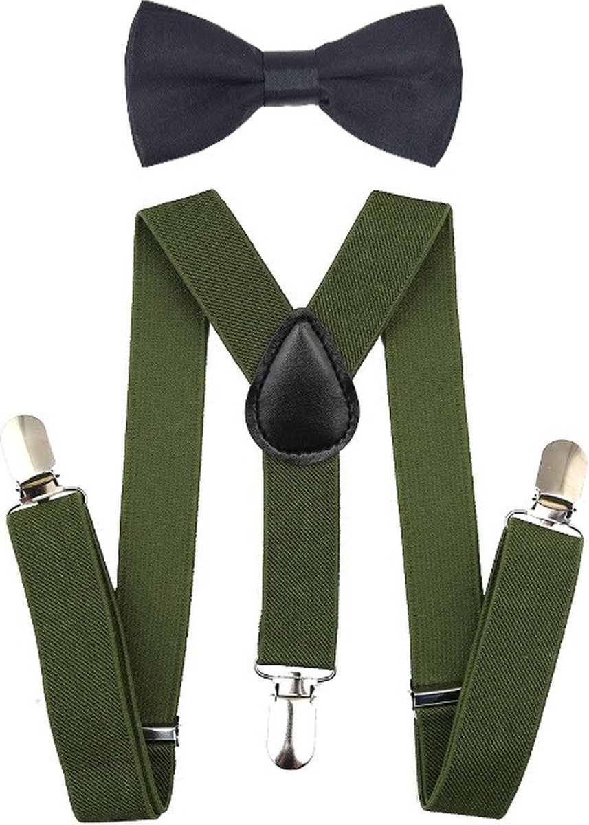 Fako Fashion® - Kinder Bretels Met Vlinderstrik - Kinderbretels - Vlinderdas - Strik - 65cm - Army Groen