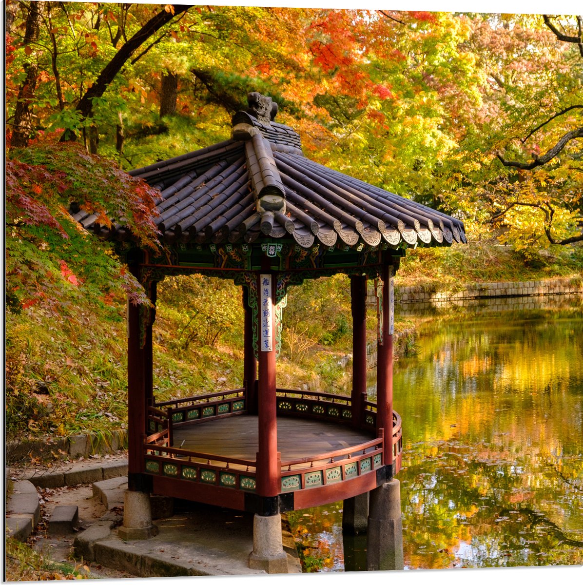 WallClassics - Dibond - Gazebo bij een Vijver - Secret Garden - Seoul - 80x80 cm Foto op Aluminium (Met Ophangsysteem)