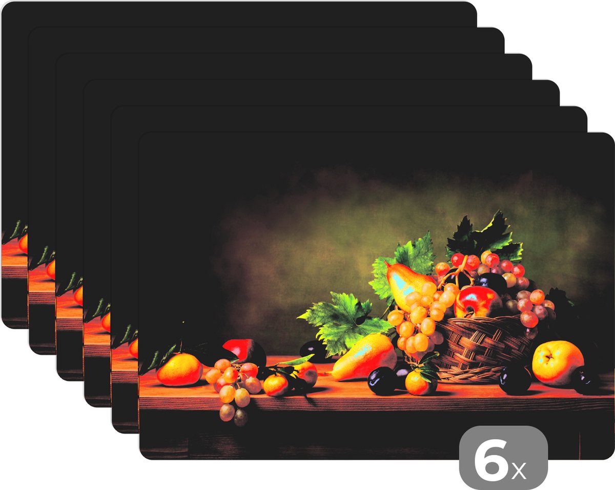 Placemat - Placemats kunststof - Rustiek - Mand - Fruit - Stilleven - 45x30 cm - 6 stuks - Hittebestendig - Anti-Slip - Onderlegger - Afneembaar