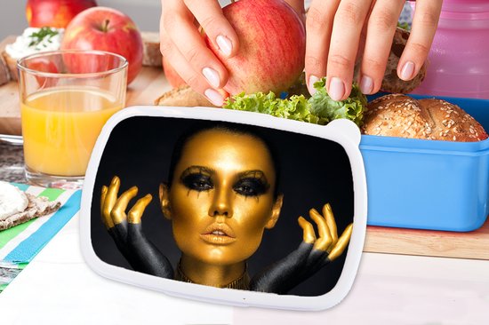 Lunch box Blauw - Lunch box - Boîte à pain - Femme - Portrait - Or - Luxe - Zwart - 18x12x6 cm - Enfants - Garçon