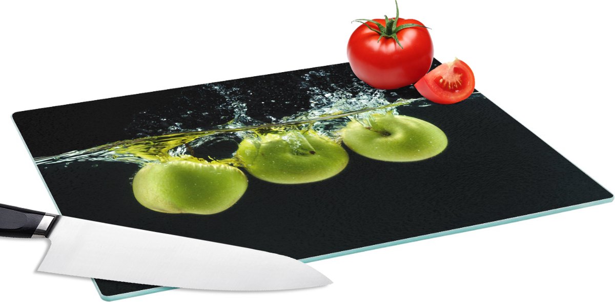 Glazen Snijplank - 39x28 - Appels - Fruit - Water - Zwart - Groen - Snijplanken Glas