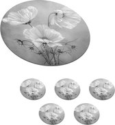 Onderzetters voor glazen - Rond - Stilleven - Bloemen - Zwart wit - Klaproos - Botanisch - 10x10 cm - Glasonderzetters - 6 stuks
