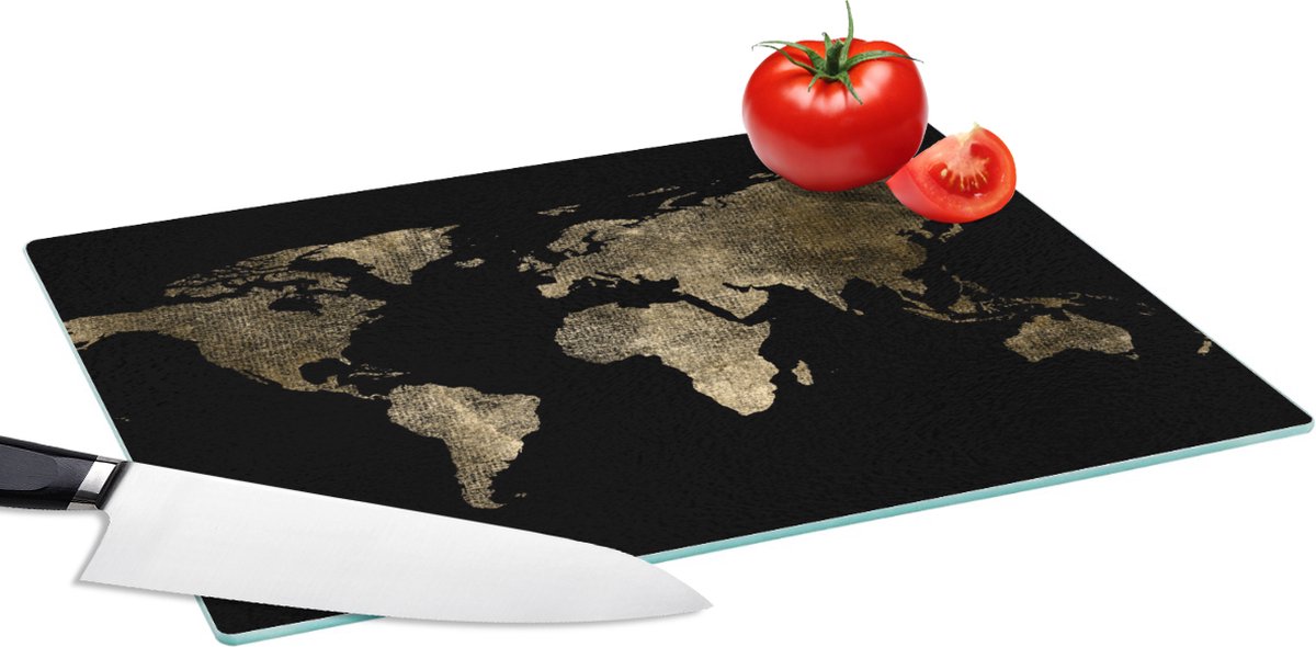 Glazen Snijplank - 39x28 - Wereldkaart - Goud - Zwart - Aarde - Luxe - Snijplanken Glas