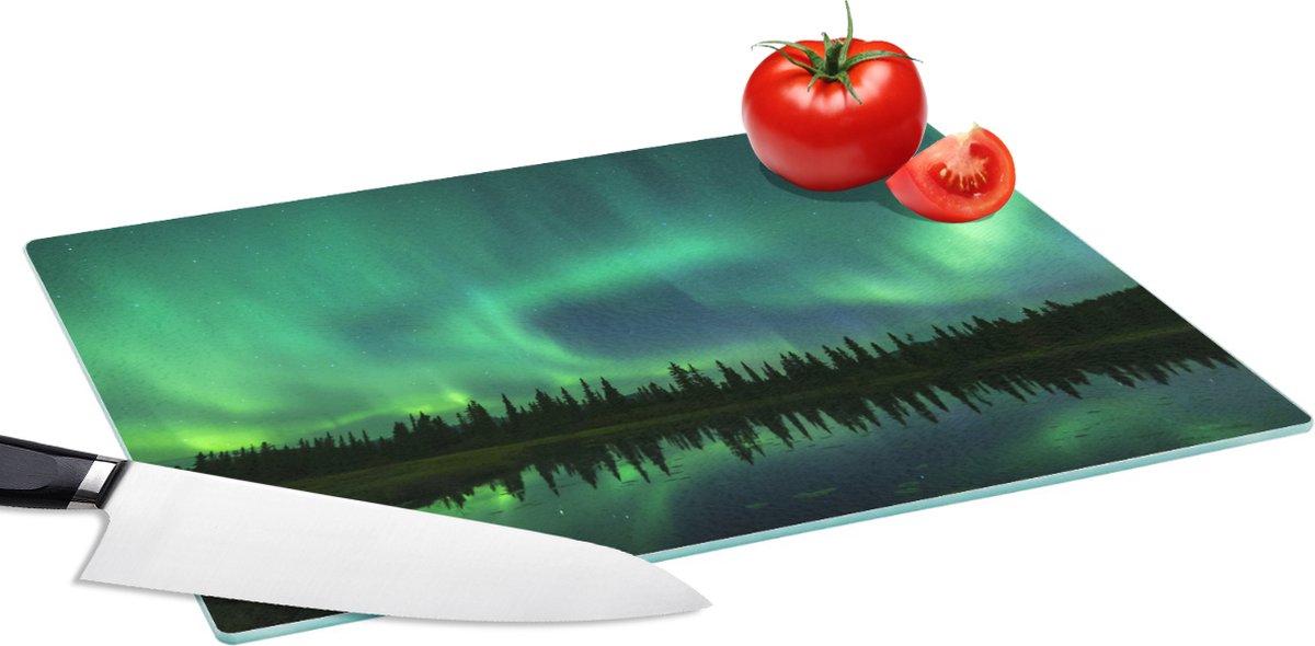 Glazen Snijplank - 39x28 - Noorderlicht - Bomen - Water - Alaska - Snijplanken Glas