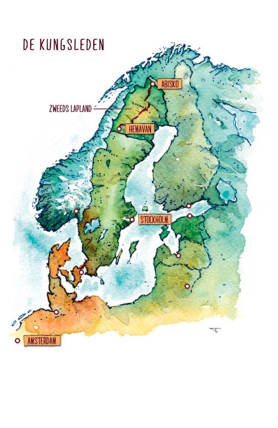 Waterverfkaart van Noord-Europa met de Kungsleden trail gemarkeerd, inclusief steden als Amsterdam, Stockholm en Abisko.