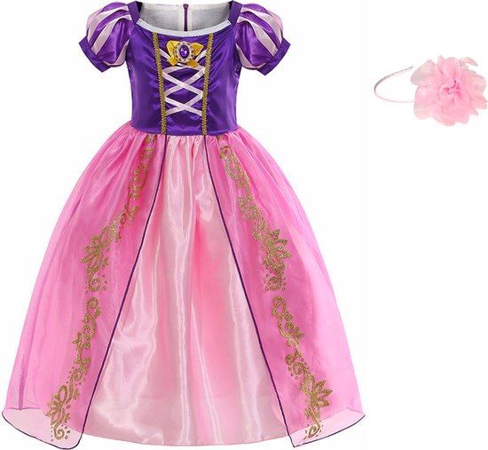 Jurk Prinsessen jurk verkleedjurk paars roze met broche + roze haarband