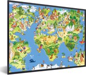 Poster in fotolijst kind - Kinderkamer decoratie - Wereldkaart - Kinderen - Natuur - Dieren - Blauw - Groen - Decoratie voor kinderkamers - 40x30 cm - Poster kinderkamer