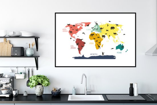 Wereldkaart Enfants - Animaux - Couleurs - Affiche scolaire - Chambre d'enfants - 120x80 cm